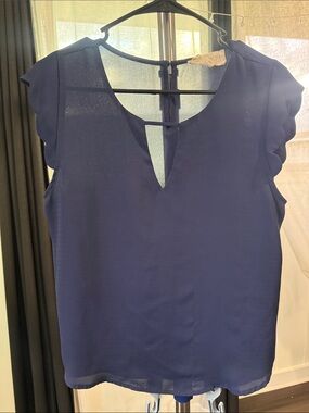 Sweet Wanderer Navy Blue Flutter Sleeve V-Notch Blouse